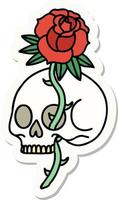 pegatina de tatuaje al estilo tradicional de una calavera y una rosa vector