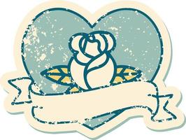 iconic distressed sticker tattoo style image of a heart rose and banner vector