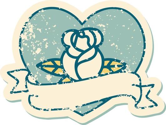 iconic distressed sticker tattoo style image of a heart rose and banner