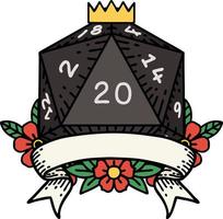 Retro Tattoo Style natural 20 critical hit D20 dice roll vector