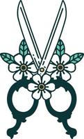 iconic tattoo style image of barber scissors and flowers vector