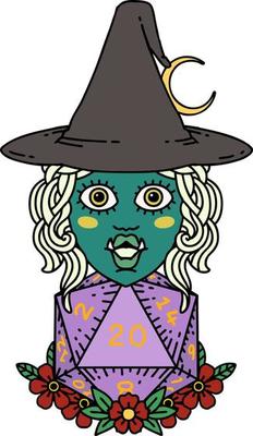 Retro Tattoo Style half orc witch with natural twenty dice roll