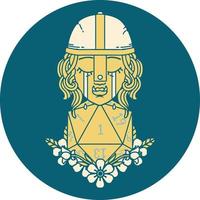 Retro Tattoo Style crying orc fighter character with natural one D20 roll vector