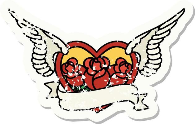 distressed sticker tattoo in traditional style of a flying heart with flowers and banner