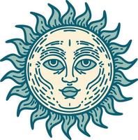 imagen icónica de estilo tatuaje de un sol con cara vector