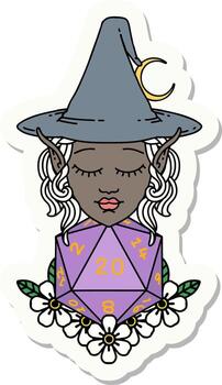 sticker of a elf mage character with natural twenty dice roll vector