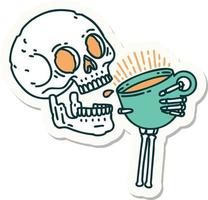 sticker of tattoo in traditional style of a skull drinking coffee vector