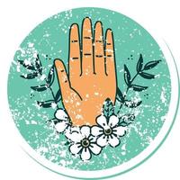 iconic distressed sticker tattoo style image of a hand and flower vector