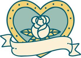 imagen icónica de estilo tatuaje de una rosa de corazón y pancarta vector