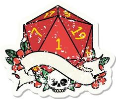 grunge sticker of a natural one d20 dice roll vector