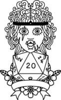 Black and White Tattoo linework Style half orc barbarian character with natural 20 dice roll vector