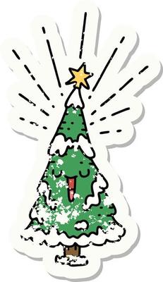 worn old sticker of a tattoo style happy christmas tree