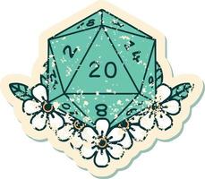 grunge sticker of a natural 20 D20 dice roll with floral elements vector