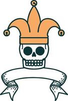 traditional tattoo with banner of a skull jester vector