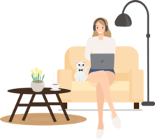 una joven feliz trabaja o estudia en línea en casa con un estilo plano de gato mascota blanco png