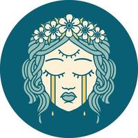 iconic tattoo style image of female face with third eye and crown of flowers cyring vector