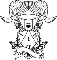 Black and White Tattoo linework Style crying tiefling with natural one D20 roll vector