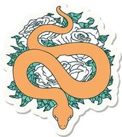 sticker of tattoo in traditional style of snake and roses vector