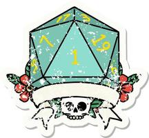 grunge sticker of a natural one d20 dice roll vector