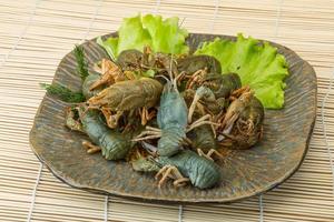 Raw Crayfish on the plate and wooden background photo