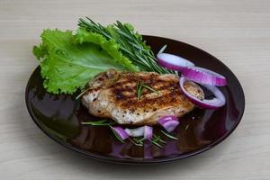 Pork steak on the plate and wooden background photo