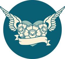 iconic tattoo style image of a flying heart with flowers and banner vector