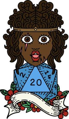 Retro Tattoo Style human barbarian with natural twenty dice roll