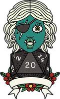 Retro Tattoo Style half orc rogue character with natural twenty dice roll vector