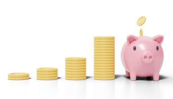 Gold coins stack and falling into pink piggy bank on transparent. mobile banking and Online payment service. Save dollar coin in box. Saving money wealth and business financial concept. 3d render. png