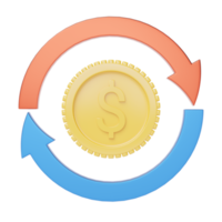 moneda de oro e icono de flechas de transferencia rojas en transparente. servicio de banca móvil y pago en línea. devolución de efectivo y reembolso. cambio de divisas. ahorrar dinero riqueza y concepto de negocio. representación 3d png