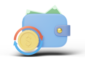 Cash money into blue wallet, coin, red transfer arrows icon float on transparent. Mobile banking and Online payment. Cash back and refund. Currency exchange. Saving money wealth concept. 3d rendering. png