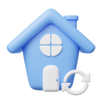Casa azul 3d con ventanas, icono de puerta. modelo casero, flecha redonda flotando en transparente. negocios sobre inversión, bienes raíces, hipotecas. icono de dibujos animados de maqueta estilo minimalista. Ilustración de procesamiento 3d.