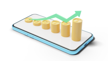 goud munten stack diagram met groen pijl omhoog Aan blauw telefoon. mobiel bank en online betaling onderhoud, e handel. stappen naar succes. besparing rijkdom en bedrijf financieel concept. 3d geven png