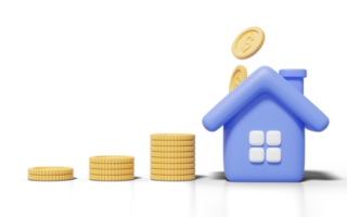 Las monedas de oro 3d se apilan y caen en la casa azul en transparente. modelo de casa con ventanas, icono de puerta. concepto de crecimiento de la inversión financiera. icono de dibujos animados de maqueta estilo minimalista. ilustración de procesamiento 3d