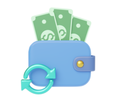 bargeld in brieftasche, grünes transfersymbol mit runden pfeilen schweben auf transparent. Mobile Banking und Online-Zahlung. Cashback und Rückerstattung. Geldwechsel. Konzept zum Sparen von Geldvermögen. 3D-Rendering png