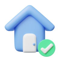 3d blue house with windows, door icon. home model, check marks floating on transparent. Business investment. Home Inspection concept. Mockup cartoon icon minimal style. 3d render illustration. png