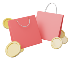 3d rosso carta shopping Borsa, oro moneta galleggiante su trasparente. digitale marketing in linea, e commercio, memorizzare app, in linea shopping concetto. vendita promozione. attività commerciale cartone animato stile concetto. 3d icona rendere. png