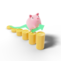 goldmünzen stapeln sich mit rosa sparschwein, das auf grünem pfeil nach oben auf transparent läuft. Online-Banking und Zahlungsdienst. Schritte zum Erfolg. geld sparen reichtum und geschäftsfinanzkonzept. 3D-Rendering png
