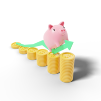 Gold coins stack with pink piggy bank running on green arrow up on transparent. Online banking and payment service. Steps to success. Saving money wealth and business financial concept. 3d render png