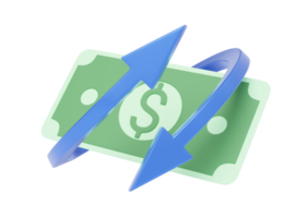 Pfeil, der Bargeld umkreist, das auf transparent schwimmt. Mobile Banking und Online-Zahlungsservice. Cashback und Rückerstattung. Pfeilsymbol übertragen und Geldwechsel online. Dollar sparen. 3D-Rendering. png