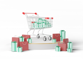 Shopping cart with white cylinder podium, green gift box, red shop bag on transparent. Marketing online and e-commerce concept. Mockup for Merry Christmas. Abstract minimal studio 3d render. png