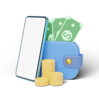 Phone with stacks coins, cash money into wallet floating on transparent. Mobile bank, Online payment service. Saving wealth and business financial concept. Smartphone transfer online. 3d render. png