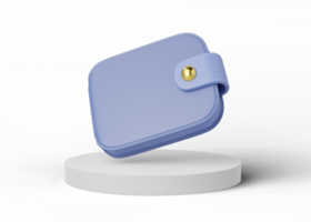 Dark blue wallet floating white cylinder podium on transparent. Mobile banking and Online payment service. Save dollar coin in money box. Saving money wealth and business financial concept. 3d render. png