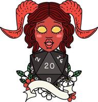 estilo de tatuaje retro tiefling con tirada natural de veinte dados vector