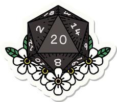 sticker of a natural 20 D20 dice roll with floral elements vector