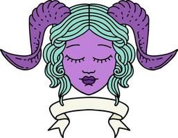 Retro Tattoo Style tiefling character face with scroll banner vector