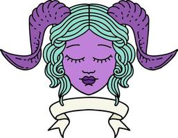 Retro Tattoo Style tiefling character face with scroll banner vector