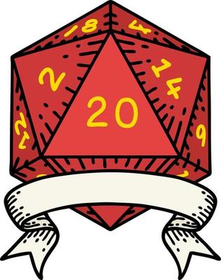 Retro Tattoo Style natural 20 critical hit D20 dice roll