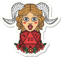 sticker of a tiefling with D20 natural twenty dice roll vector