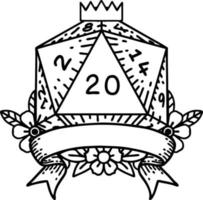 Black and White Tattoo linework Style natural 20 critical hit D20 dice roll vector